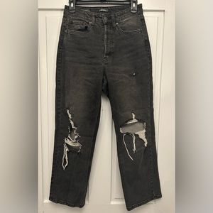 Black high waisted straight leg jeans with rips